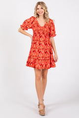 Orange Floral Smocked V-Neck Ruffle Dress