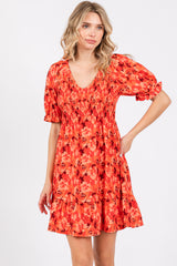 Orange Floral Smocked V-Neck Ruffle Dress