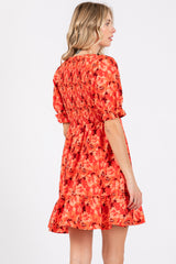 Orange Floral Smocked V-Neck Ruffle Dress