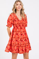 Orange Floral Smocked V-Neck Ruffle Dress