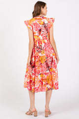 Coral Floral Flutter Sleeve Tiered Midi Dress