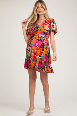 Multi-Color Floral Puff Sleeve Ruffle Hem Maternity Dress