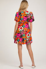 Multi-Color Floral Puff Sleeve Ruffle Hem Maternity Dress