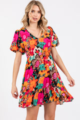 Multi-Color Floral Puff Sleeve Ruffle Hem Dress