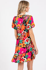 Multi-Color Floral Puff Sleeve Ruffle Hem Dress