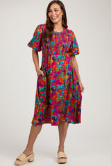 Fuchsia Multi-Color Floral Smocked Puff Sleeve Maternity Dress