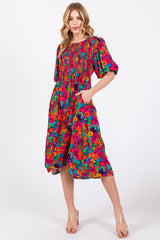 Fuchsia Multi-Color Floral Smocked Puff Sleeve Maternity Dress