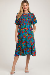 Blue Multi-Color Floral Smocked Puff Sleeve Maternity Dress