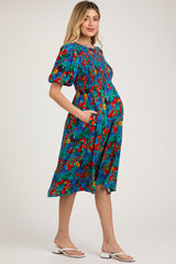 Blue Multi-Color Floral Smocked Puff Sleeve Maternity Dress