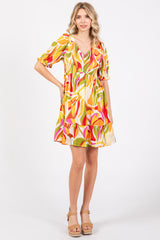 Yellow Abstract Print Smocked Dress