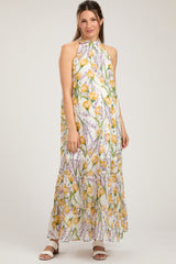 White Floral Halter Maternity Maxi Dress