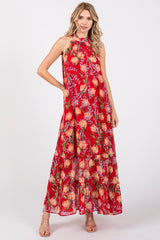 Red Floral Halter Maxi Dress