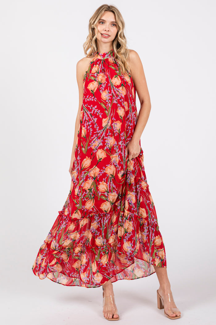 Red Floral Halter Maternity Maxi Dress