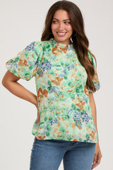 Green Floral Puff Sleeve Maternity Blouse