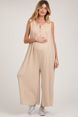 Beige Ribbed Sleeveless Button Front Maternity Jumpsuit