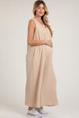 Beige Ribbed Sleeveless Button Front Maternity Jumpsuit