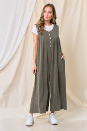 Olive Ribbed Sleeveless Button Front Jumpsuit