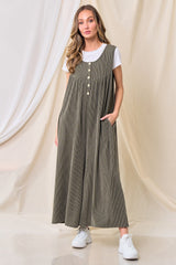 Olive Ribbed Sleeveless Button Front Jumpsuit