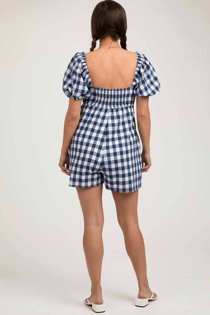 Navy Blue Gingham Cutout Maternity Romper