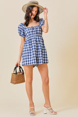 Navy Blue Gingham Cutout Romper