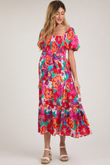 Red Floral Square Neck Smocked Tiered Maternity Midi Dress