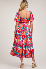 Red Floral Square Neck Smocked Tiered Maternity Midi Dress