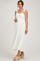 White Ruffle Accent Shoulder Tie Maternity Midi Dress