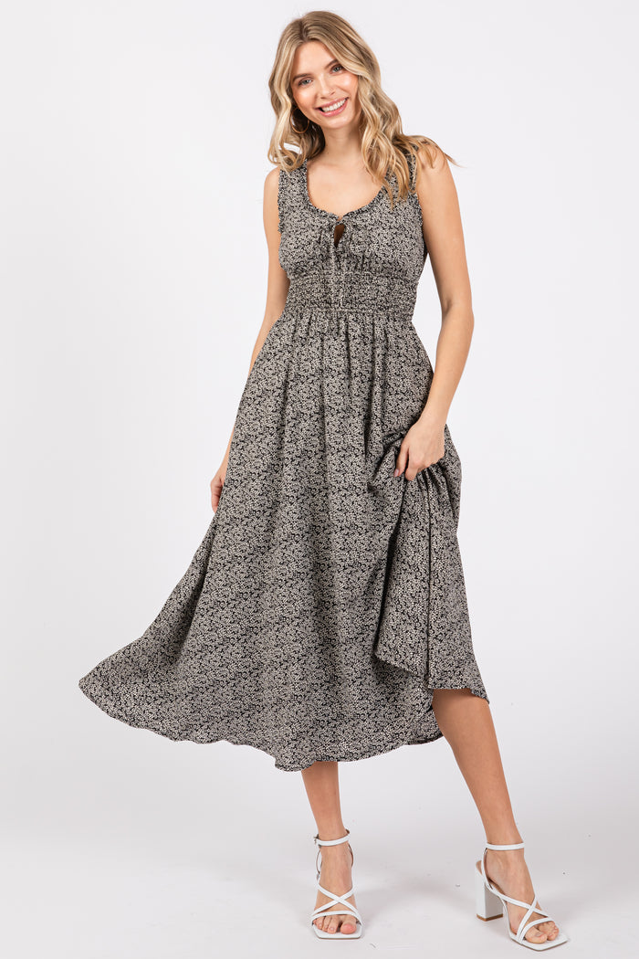Black Floral Sleeveless Smocked Waist Midi Dress