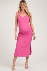Pink Sleeveless Double Slit Maternity Midi Dress