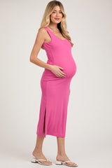 Pink Sleeveless Double Slit Maternity Midi Dress