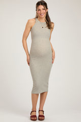 Heather Grey Sleeveless Ribbed Fitted Maternity Midi Dress