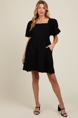 Black Textured Bubble Sleeve Maternity Mini Dress