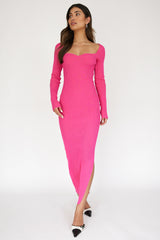 Fuchsia Rib Knit Long Sleeve Maxi Dress