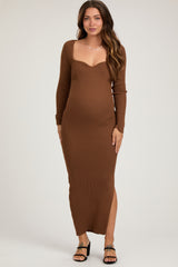 Brown Rib Knit Long Sleeve Maternity Maxi Dress