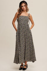 Black Floral Sleeveless Pocketed Maxi Dress