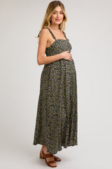 Black Floral Sleeveless Pocketed Maternity Maxi Dress