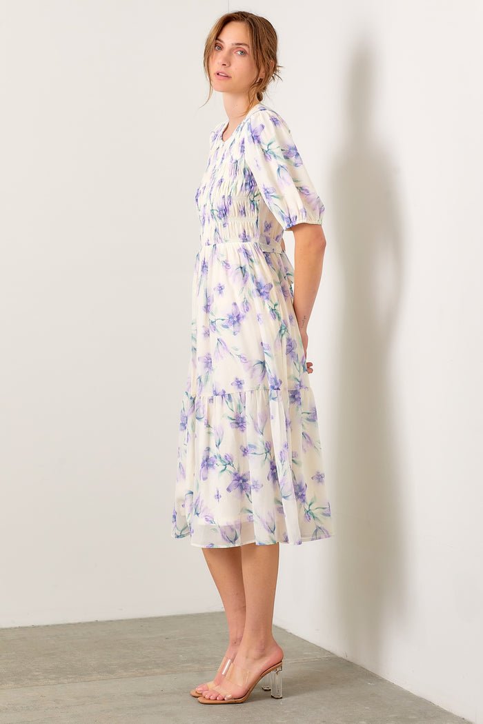 Cream Smocked Ruffle Hem Midi Dress