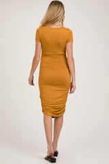 Mustard Ruched Fitted Maternity Dress