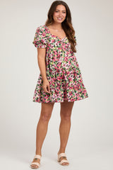 Red Multi-Color Floral Puff Sleeve Ruffle Hem Maternity Dress