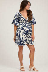 Navy Printed Bubble Sleeve Sweetheart Maternity Dress