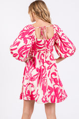 Fuchsia Printed Bubble Sleeve Sweetheart Dress
