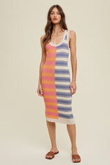 Blue Colorblock Striped Fitted Midi Dress