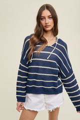 Navy Striped Open Knit Hooded Maternity Long Sleeve Top