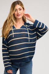 Navy Striped Open Knit Hooded Maternity Long Sleeve Top