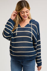 Navy Striped Open Knit Hooded Maternity Long Sleeve Top