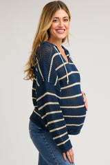 Navy Striped Open Knit Hooded Maternity Long Sleeve Top