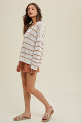 Cream Striped Open Knit Hooded Long Sleeve Top