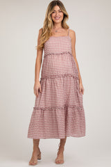 Mauve Gingham Ruffle Tiered Maternity Midi Dress