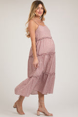 Mauve Gingham Ruffle Tiered Maternity Midi Dress