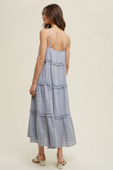 Blue Gingham Ruffle Tiered Midi Dress